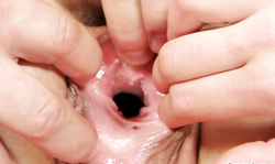 Busty brunette is stretching her accurate gape on the sofa