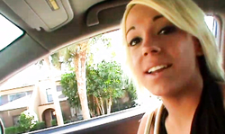 Pretty sweet girlfriend blonde is talking dirty in the car