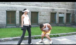 Crazy outdoor fetish games with a long-legged brunette