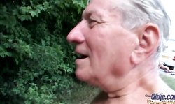 Big-boobed goddess bangs with horny Oldje in green forest