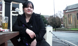 Fatty UK brunette in black outfit is walking naked