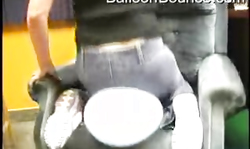 Amateur babe in tight black jeans rides a big white balloon