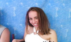 Brown-haired young babe performs a passionate deep blowjob