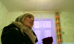 Beauty blonde undressing and taking agent's dick in her mouth