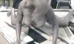 Hot-shaped ebony shows her amazing ass and massive tits