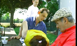 Redhead young slut anally fucked by daddy and his mates