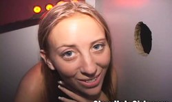 Gloryhole slut gets fucked in her pussy through the hole