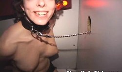 Big-boobed Gloryhole whore is getting face-fucked through the hole