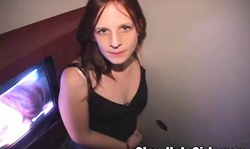 Innocent redhead chick is blowing tasty BBC in Gloryhole