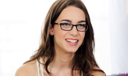 Nerdy brunette is demonstrating her nice boobies for interviewer