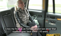 Driver pleasing laughing blonde at the backseat of his Fake Taxi