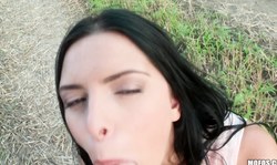 Dark-haired beauty with blue eyes Kira Queen sucks a driver's prick