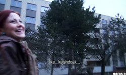 Astonishing redhead Belinda sucks a fat wiener on the street